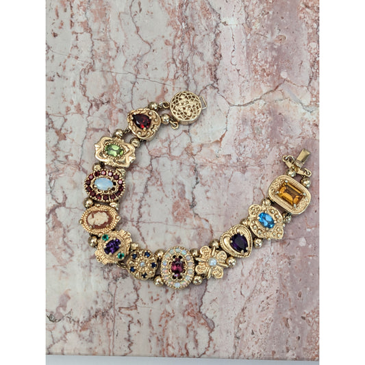 FLAW Vintage 14k Solid Gold Multi-Gemstone Slide Estate Bracelet