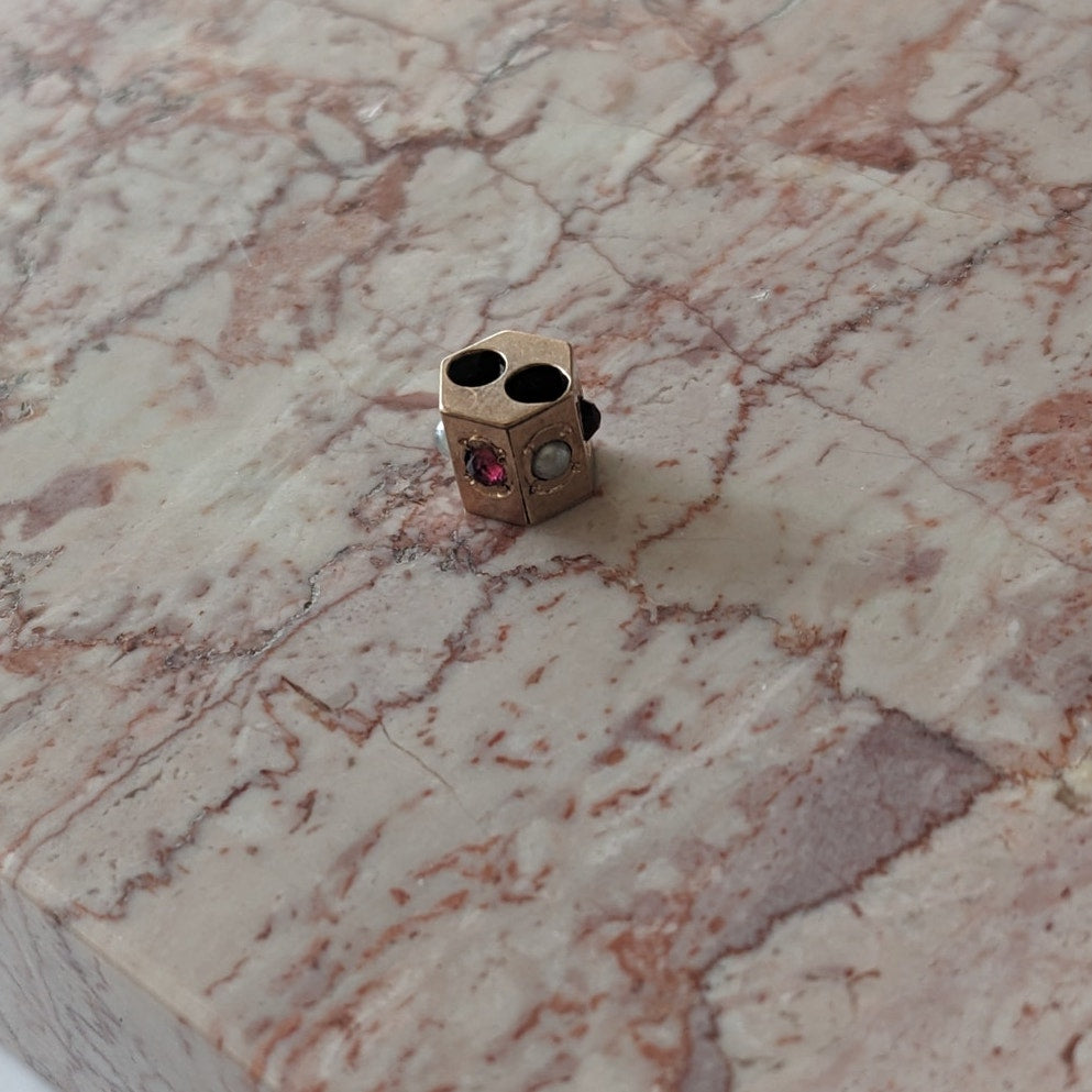 Vintage Unmarked 10k Gold Dainty Mini Pink and White Faux Stones Slider Charm