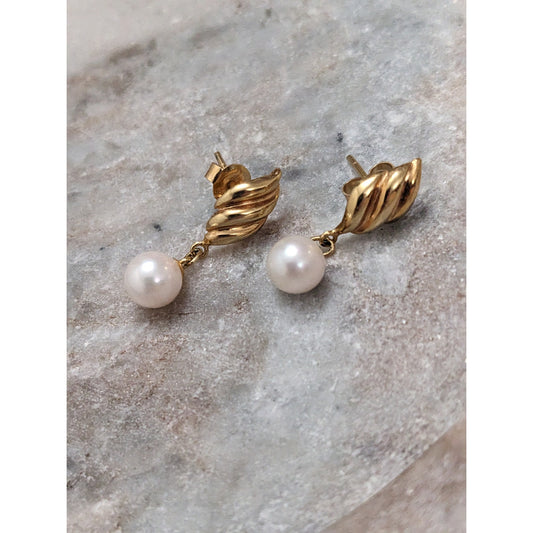 Vintage 14k Yellow Gold Sculpted Twist Faux Pearl Dangle Earring