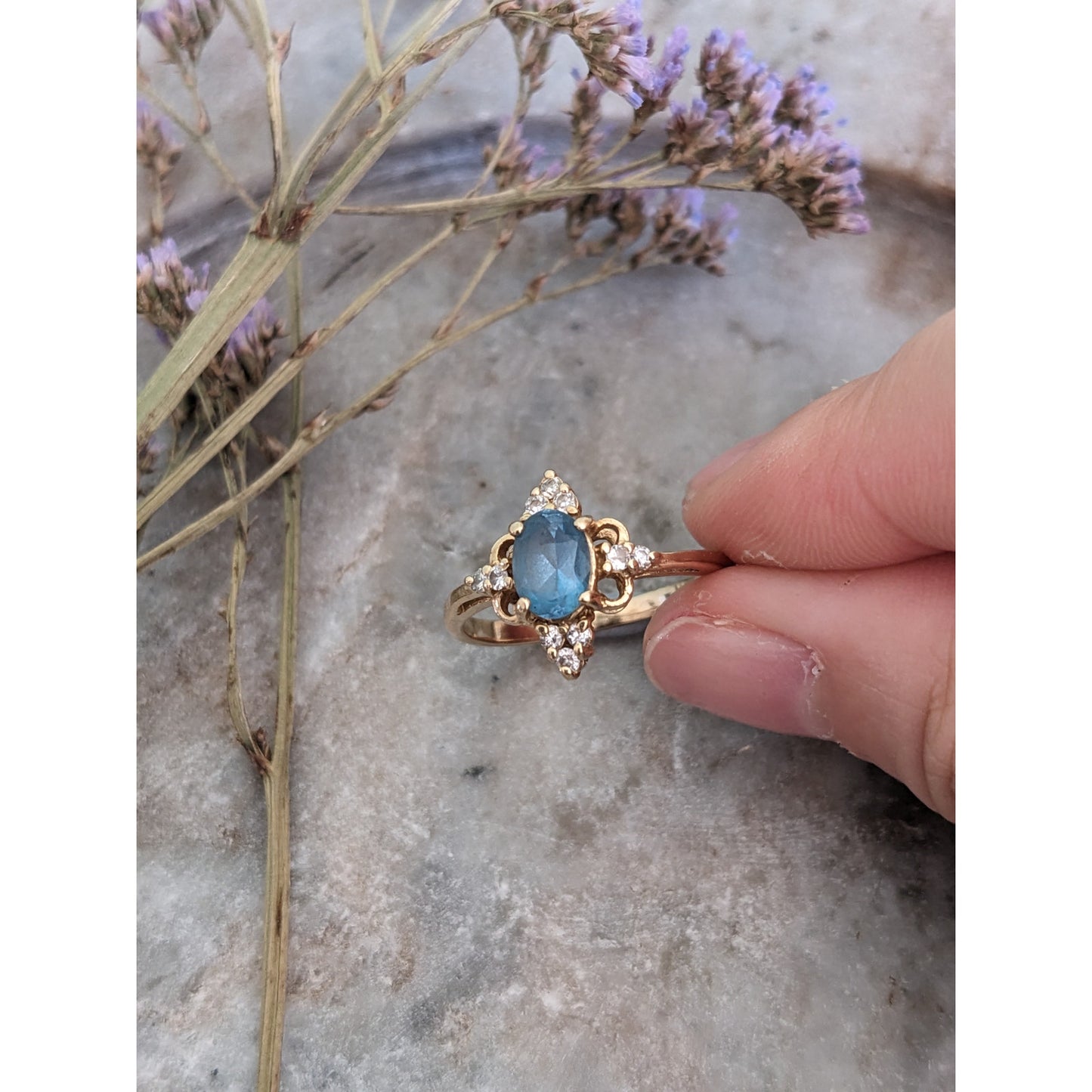 Vintage 14k Yellow Gold Ring with Blue Gem and Diamond Accents 7.75US