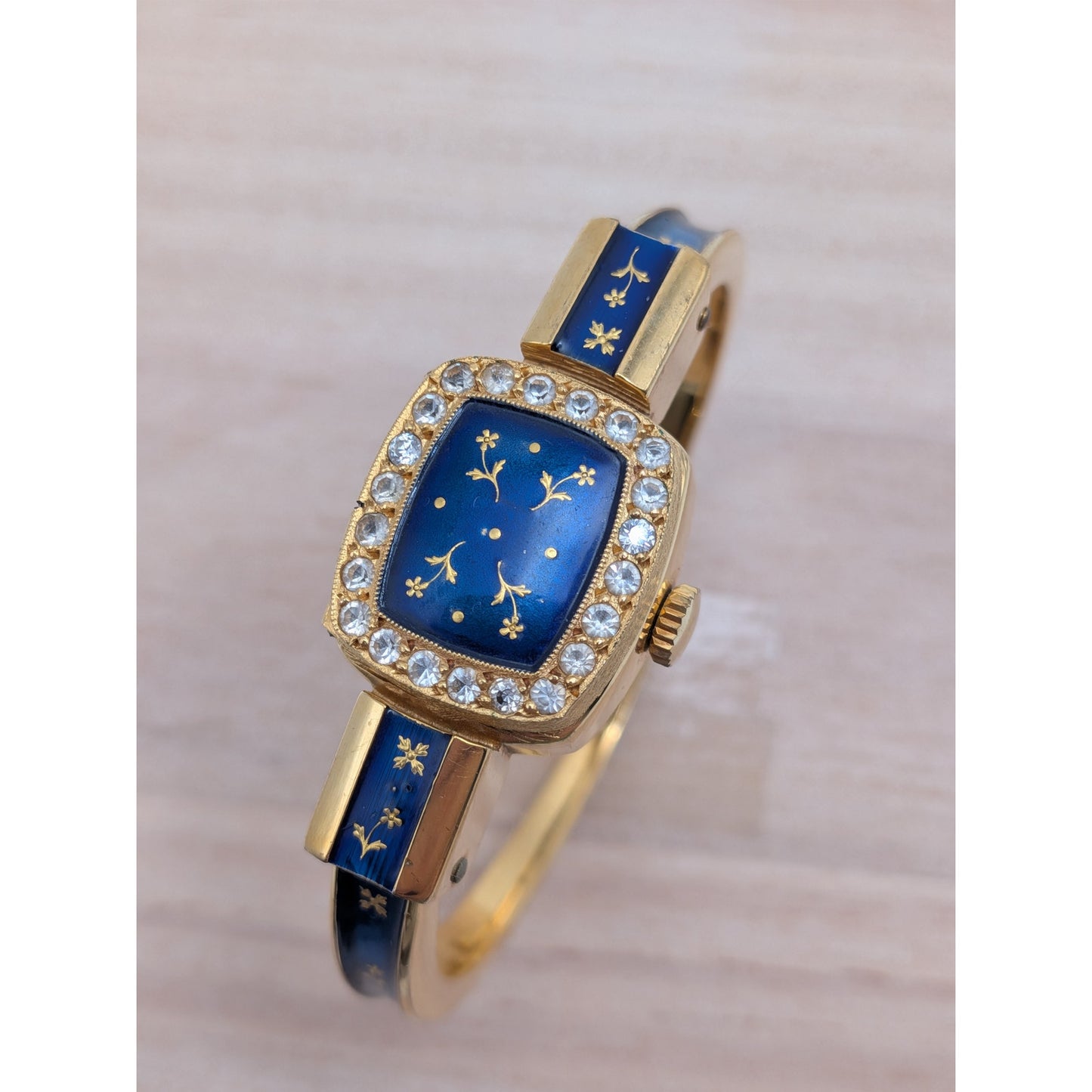 Vintage Chandler Gold Tone Peekaboo Manual Watch Blue Enamel Gold Flowers