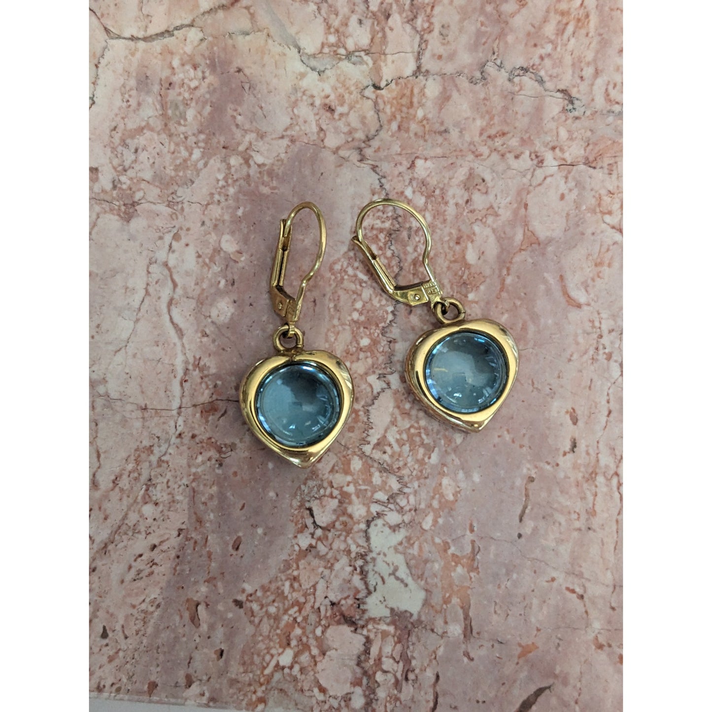 Vintage 18k Italy Heart Drop Earrings 10mm Round Blue Topaz Cabs