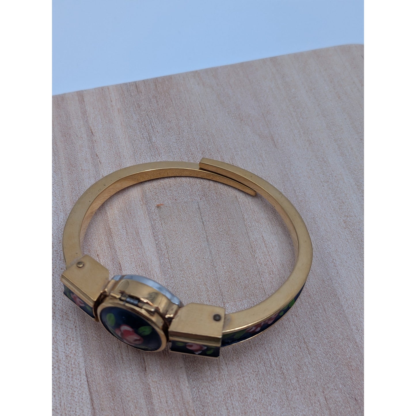 Vintage Catorex Gold Tone Peekaboo Manual Watch Blue Enamel Red Flowers