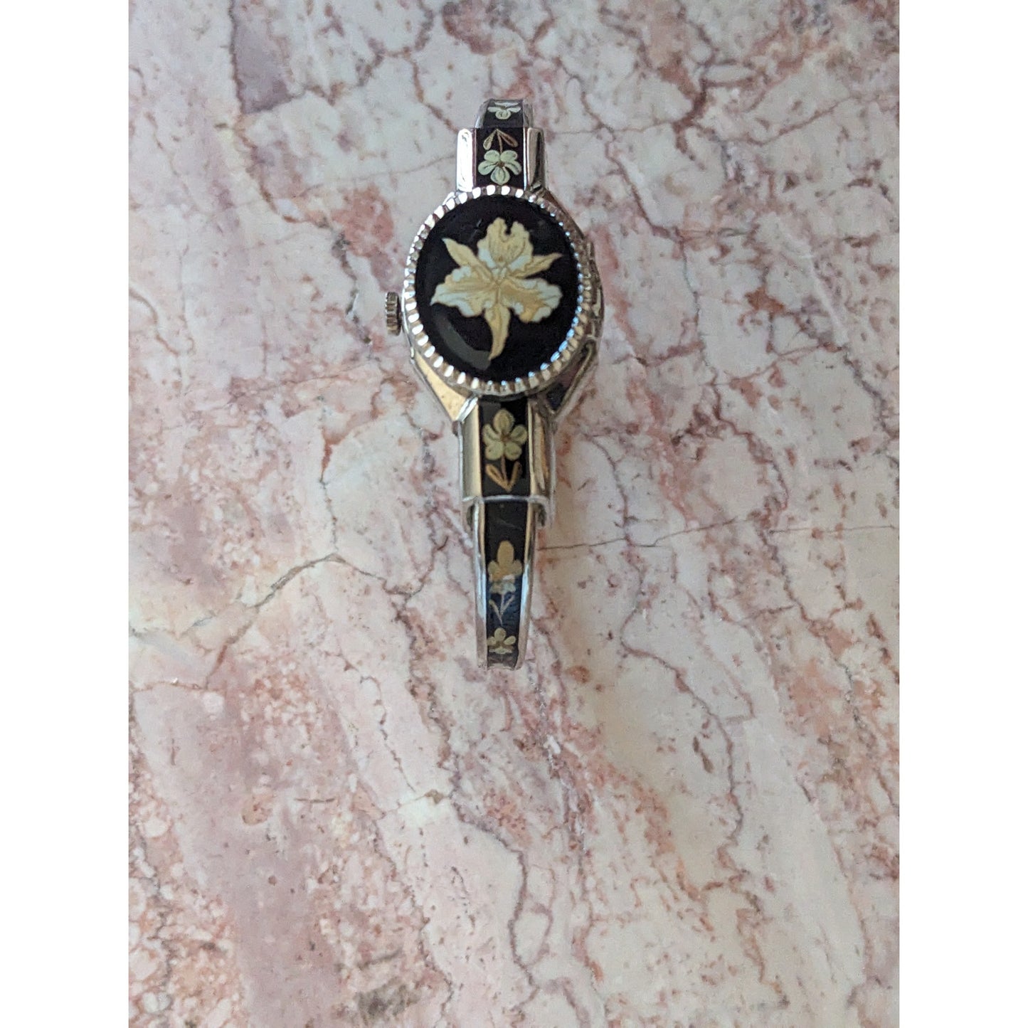 Vintage Andre Mouche Silver Tone Bangle Watch Black Enamel Cream Flowers