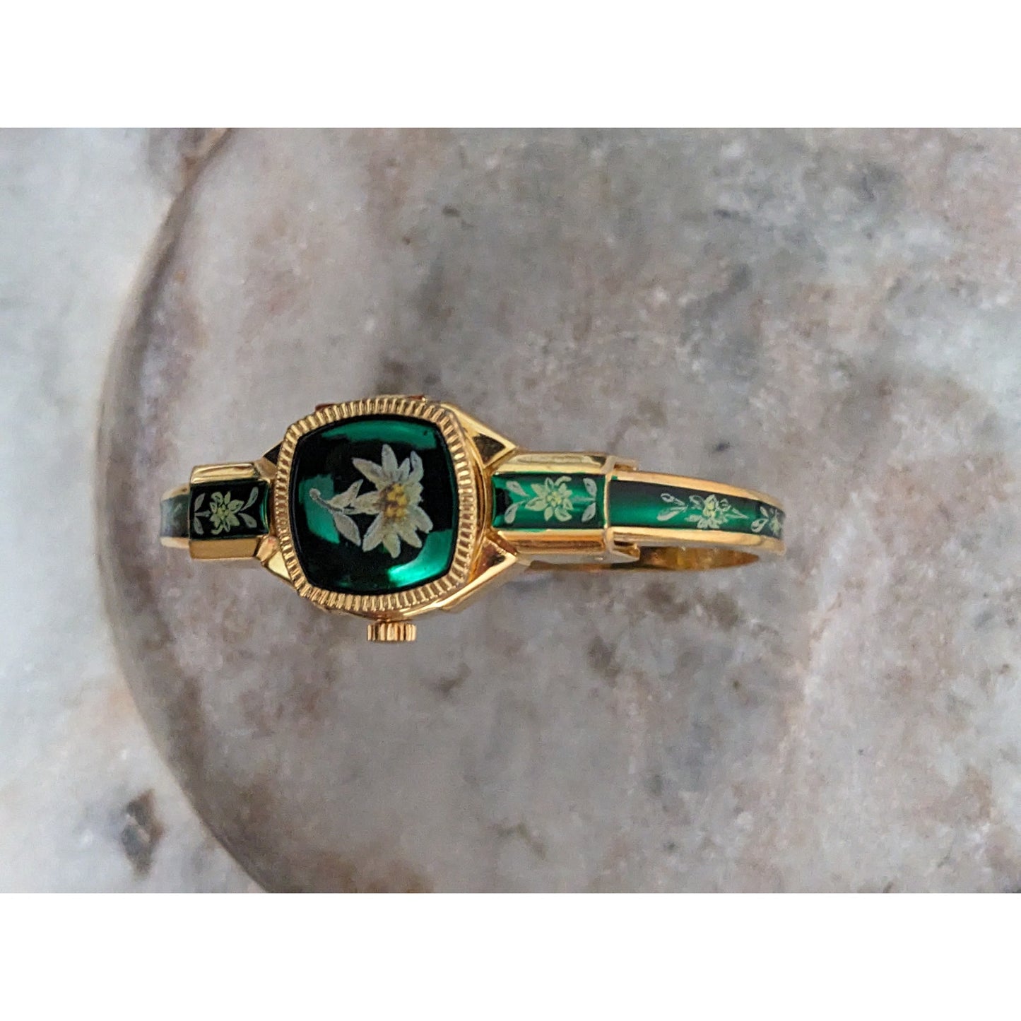 Vintage Andre Mouche Silver Tone Bangle Watch with Blue Floral Enamel Working