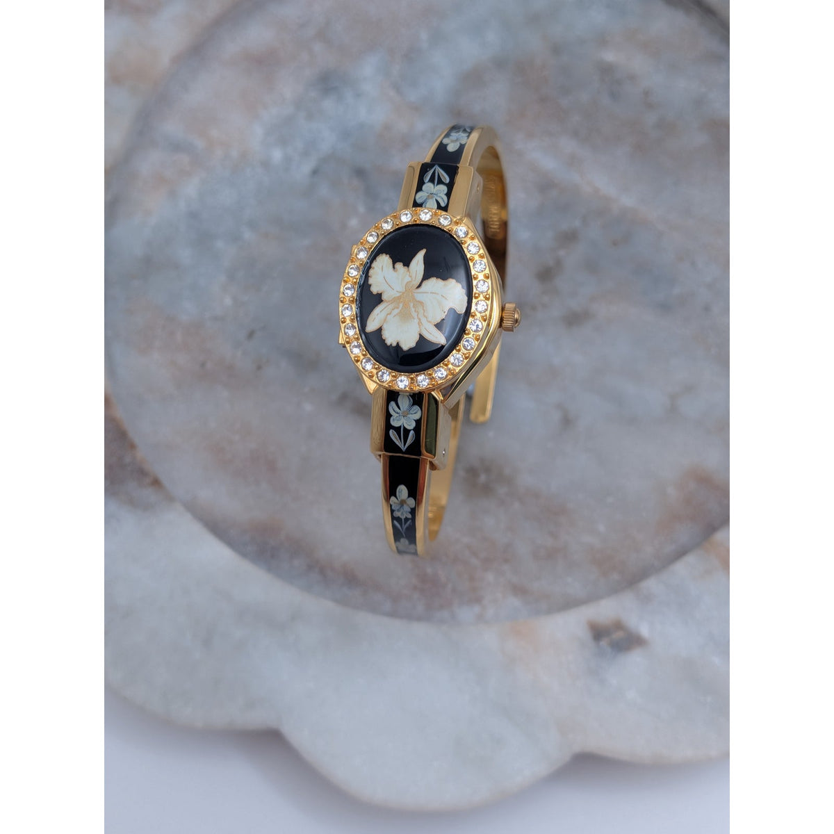 Vintage Andre Mouche Gold Tone Peekaboo Watch Black Enamel White Flower & Stones