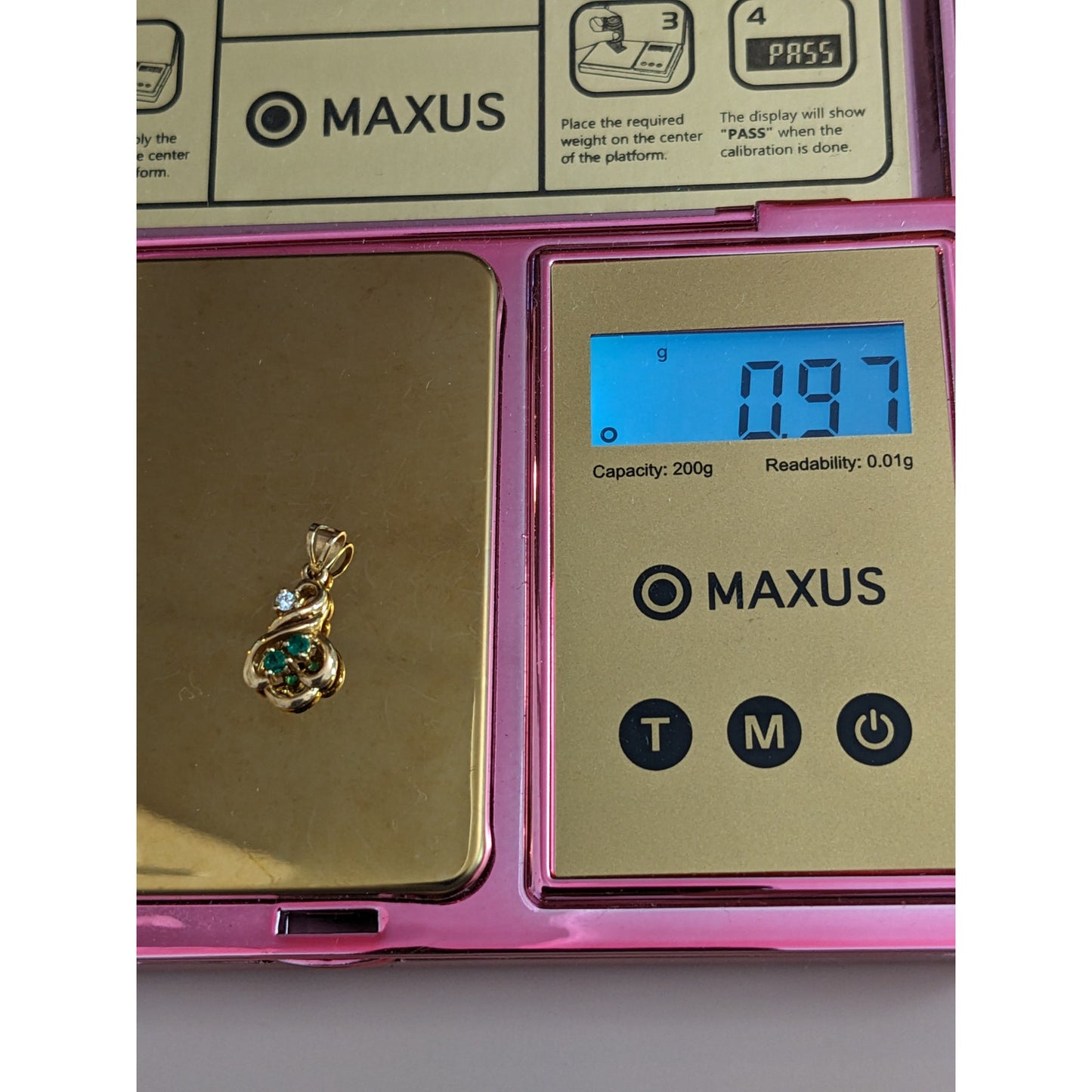 Estate 14k Yellow Gold Mini Dainty Pendant with Green and White Gems