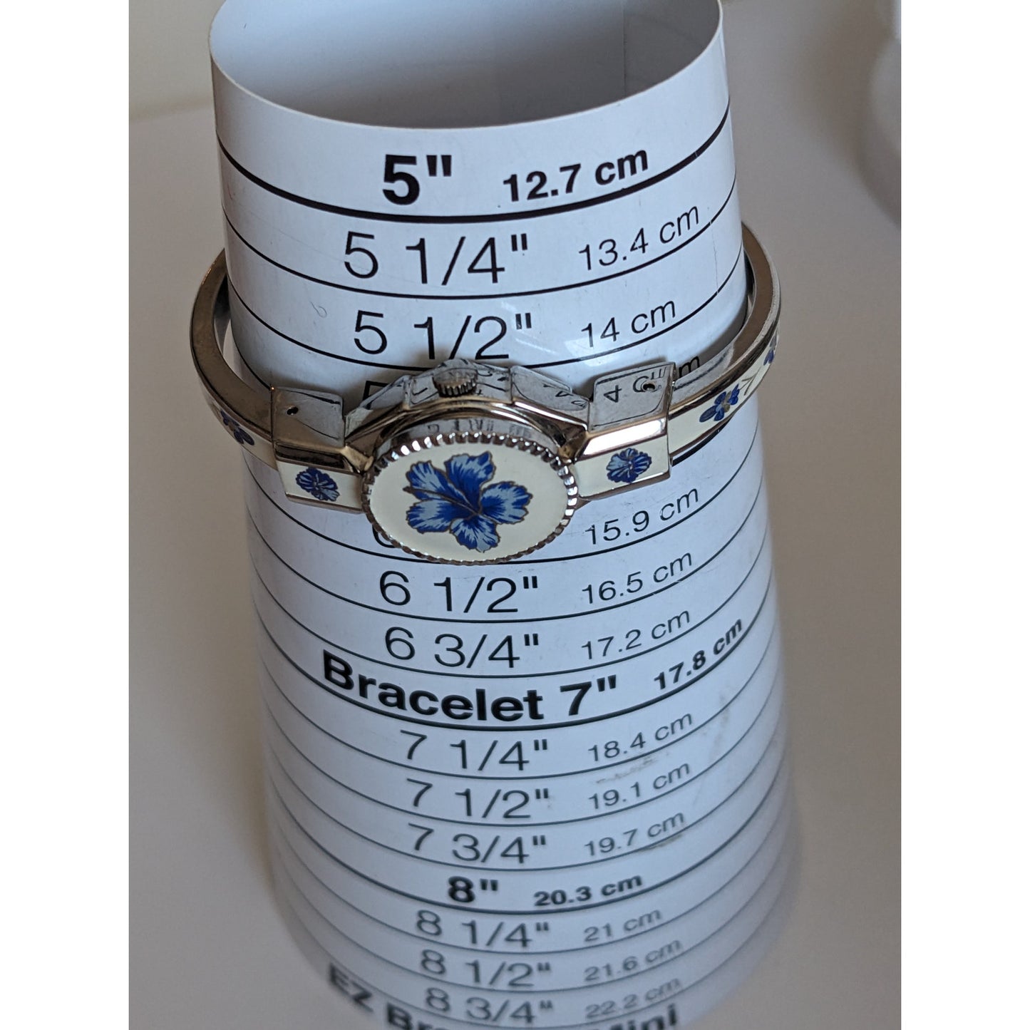 Vintage Andre Mouche Silver Tone Bangle Watch White Enamel Blue Flowers