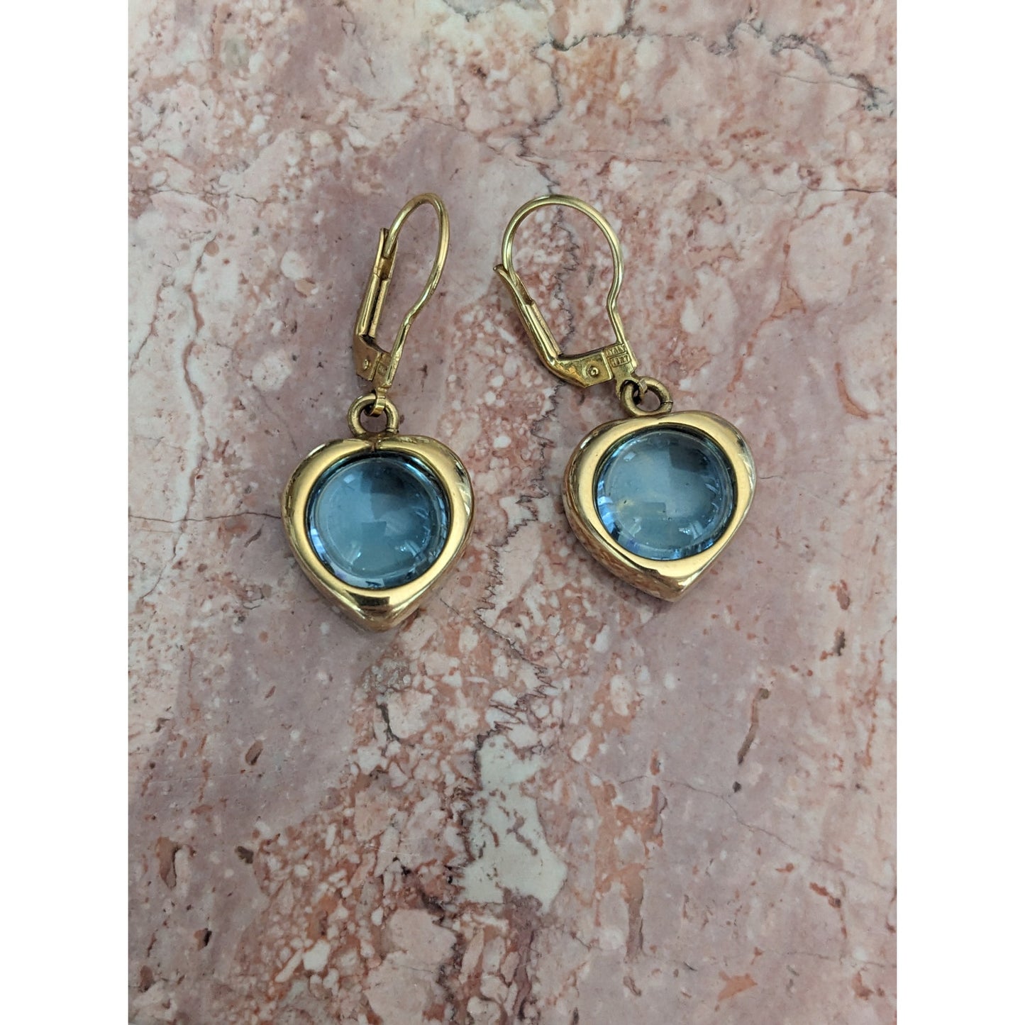 Vintage 18k Italy Heart Drop Earrings 10mm Round Blue Topaz Cabs
