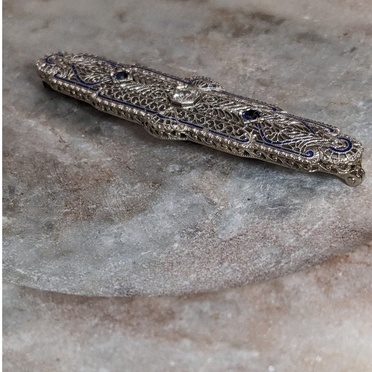 Vintage 14k White Gold Filigree Blue Enamel Diamond and Sapphire Accent Brooch