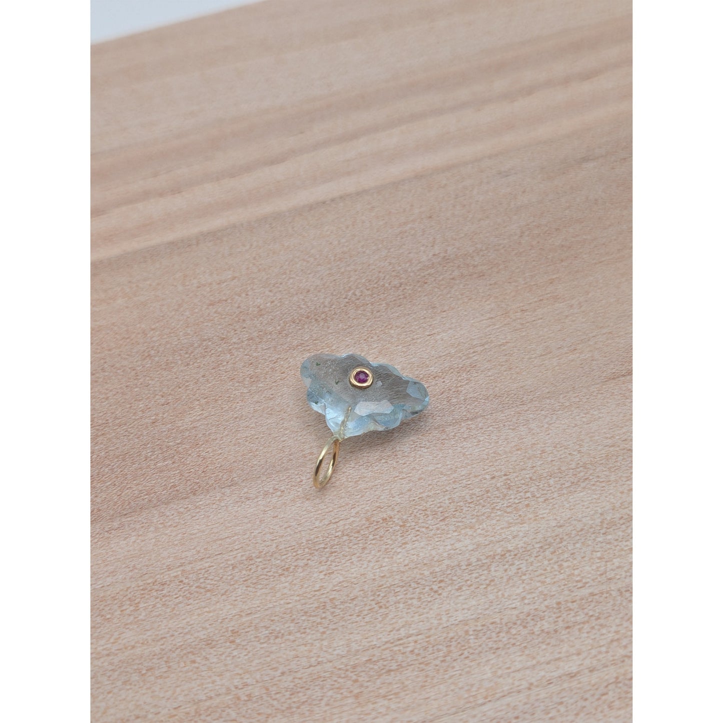 14K Gold Blue Topaz Cloud Pendant Natural Ruby Inlay Carved Gemstone