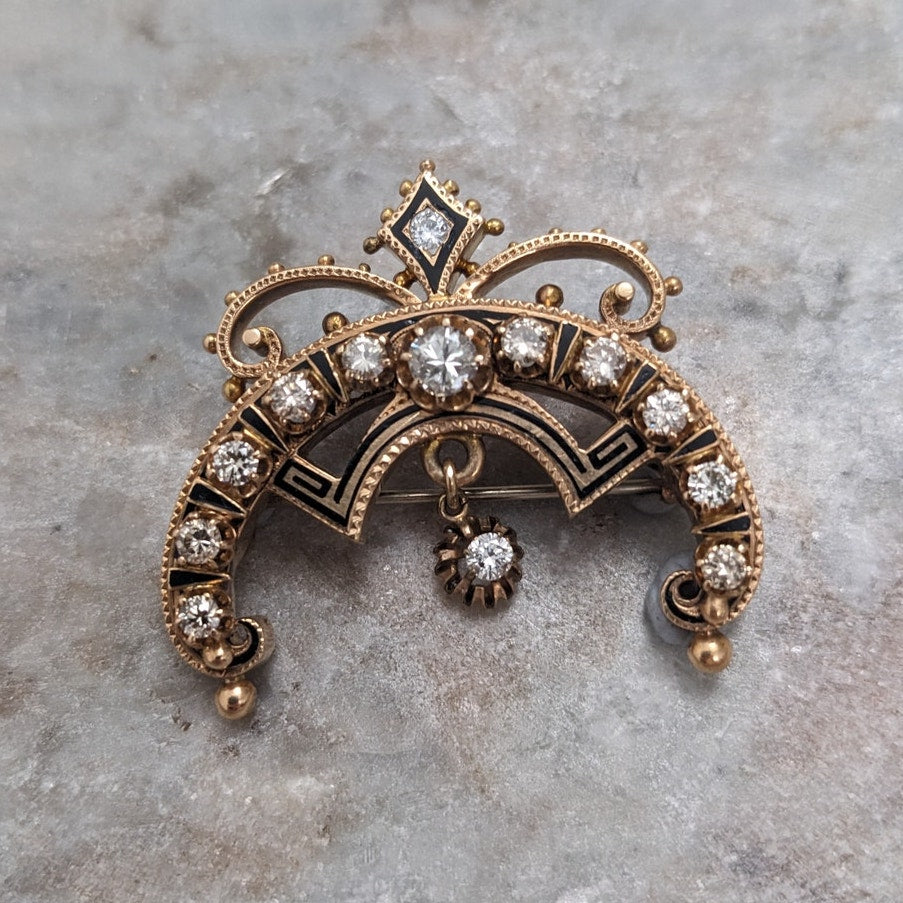 Antique Unmarked 14k Black Enamel & Diamond Crescent Moon Brooch