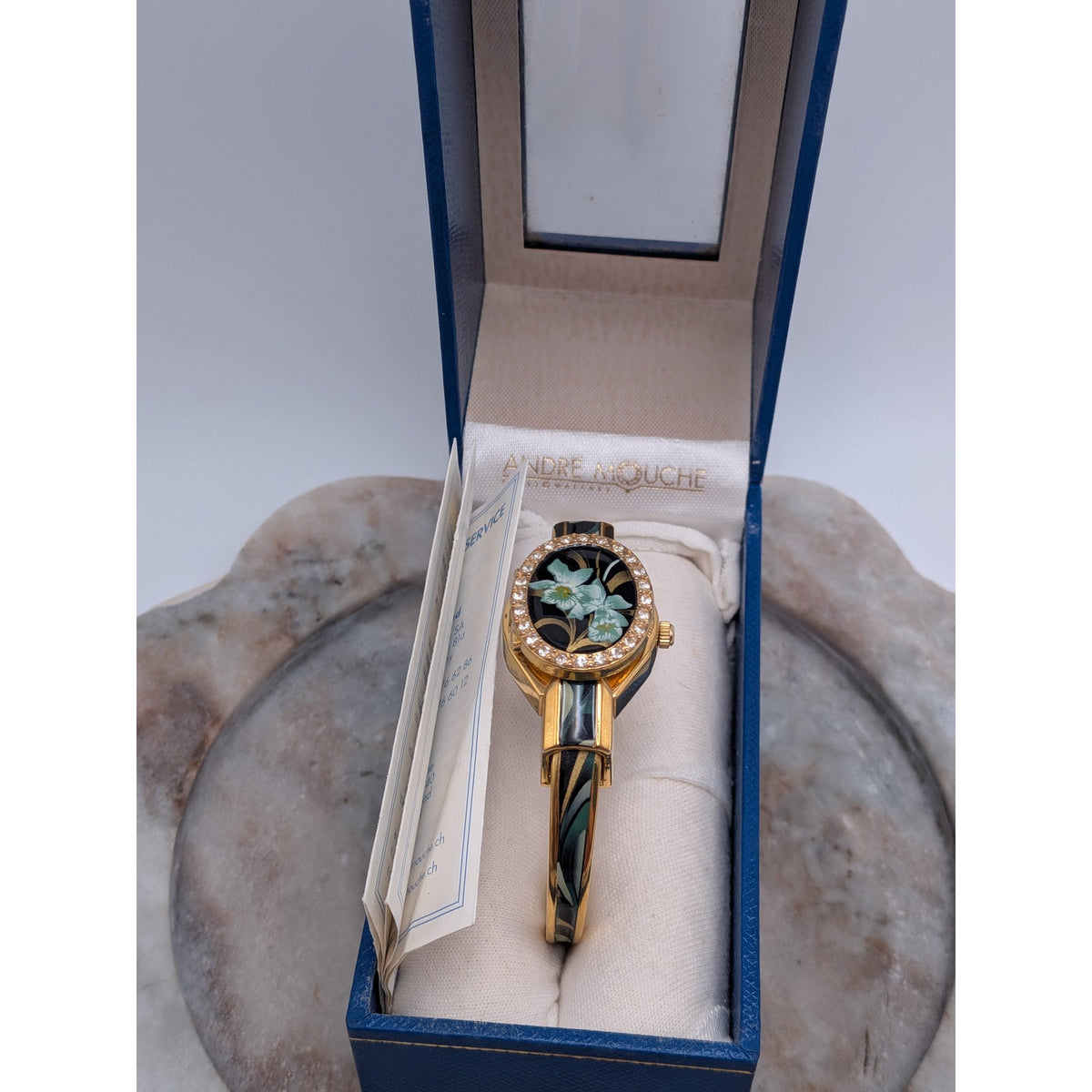 FLAW Vintage Andre Mouche Gold Tone Peekaboo Watch Green Orchid Theme