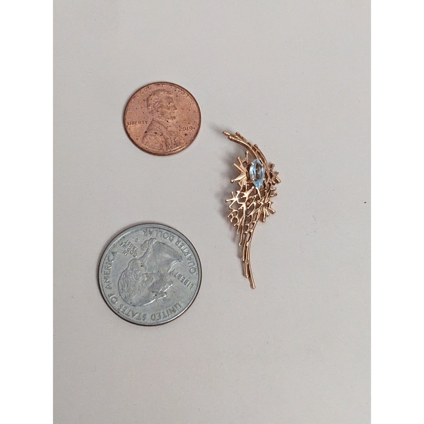 Vintage 14K Gold Modernist Brutalist Pendant with Light Blue Gem