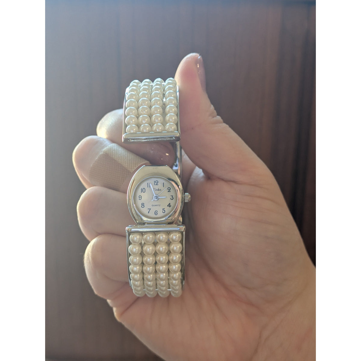 Preowned Winks Silver Tone Faux Pearl Peekaboo Bangle Watch