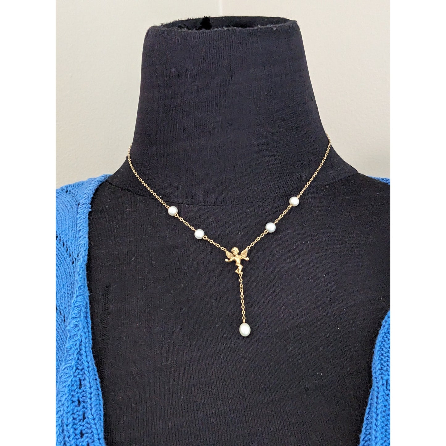 Vintage 14k Dainty Pearl and Chain Necklace with Dangling Cherub Angel 16.5in