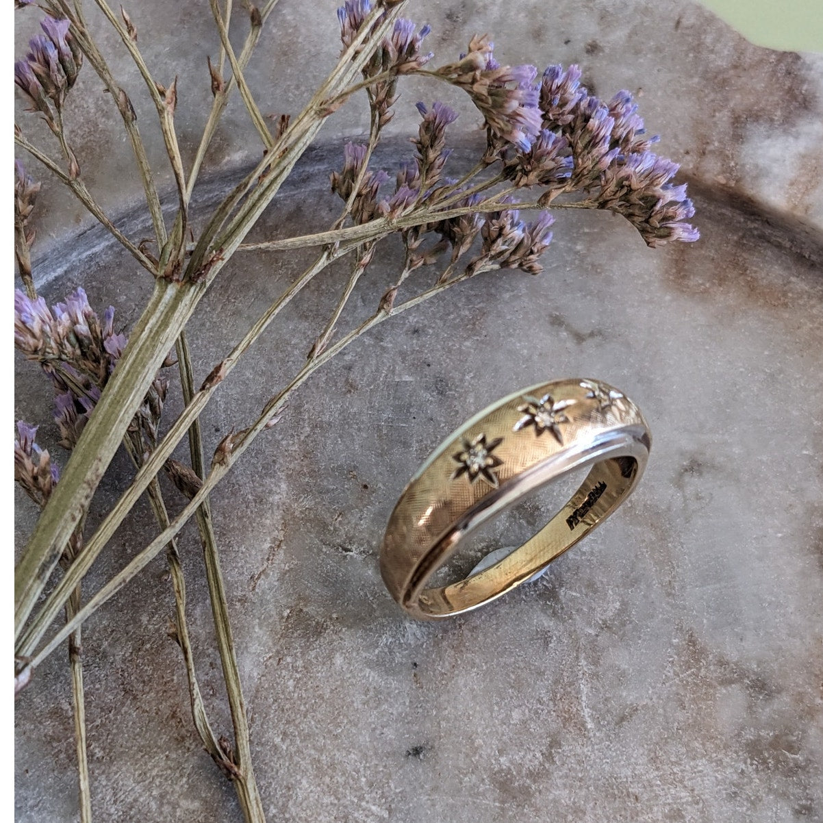 Vintage 14k Yellow and White Gold Ring with Star Bezel Diamond Accents 12US