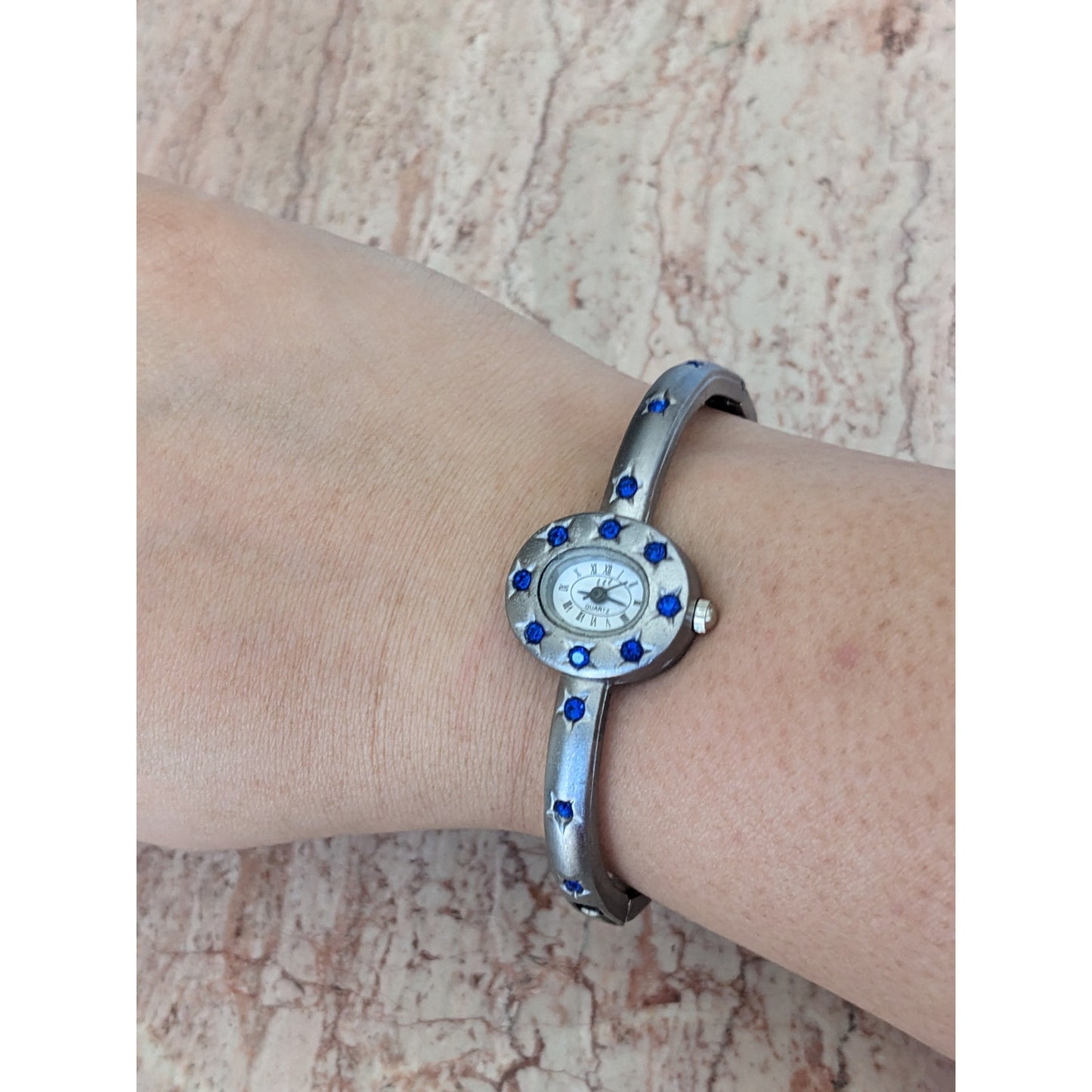 Preowned eee.space Star Watch Silver Tone with Blue Accent Stones