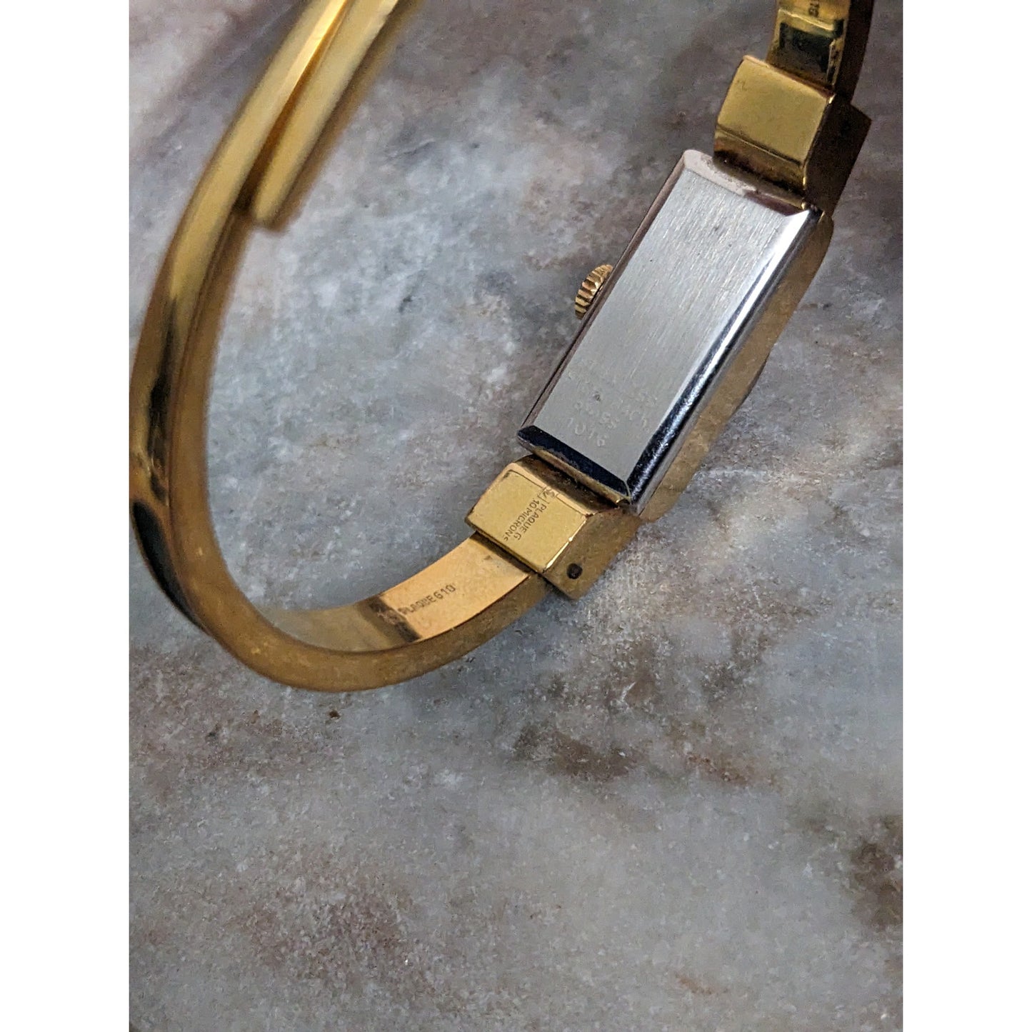 Vintage Andre Mouche Silver Tone Bangle Watch with Blue Floral Enamel Working