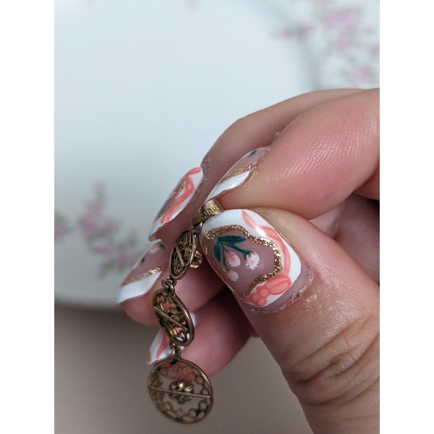 Antique 10k Gold Triple Drop Circular Filigree with Diamond Accent Pendant