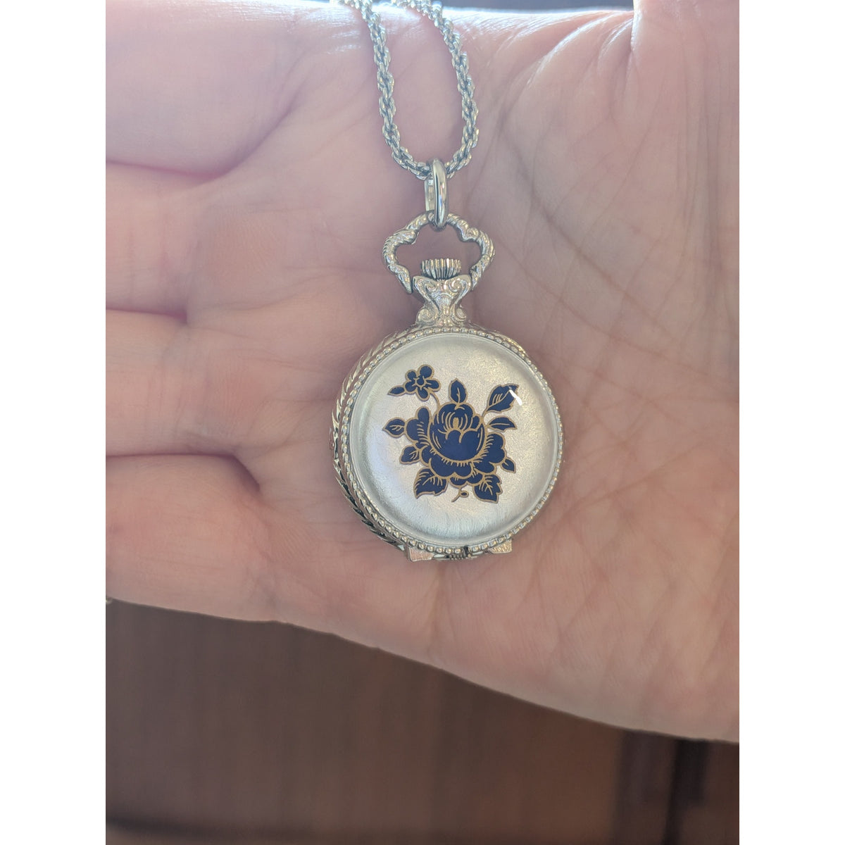 Vintage Andre Mouche Silver Tone Pendant Watch Necklace Grey Enamel Blue Flowers