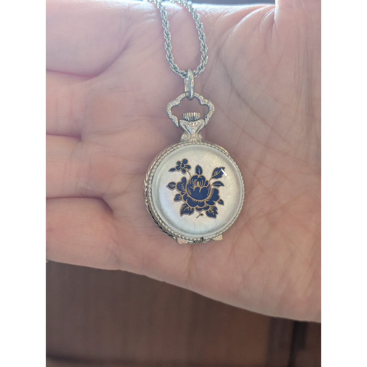 Vintage Andre Mouche Silver Tone Pendant Watch Necklace Grey Enamel Blue Flowers