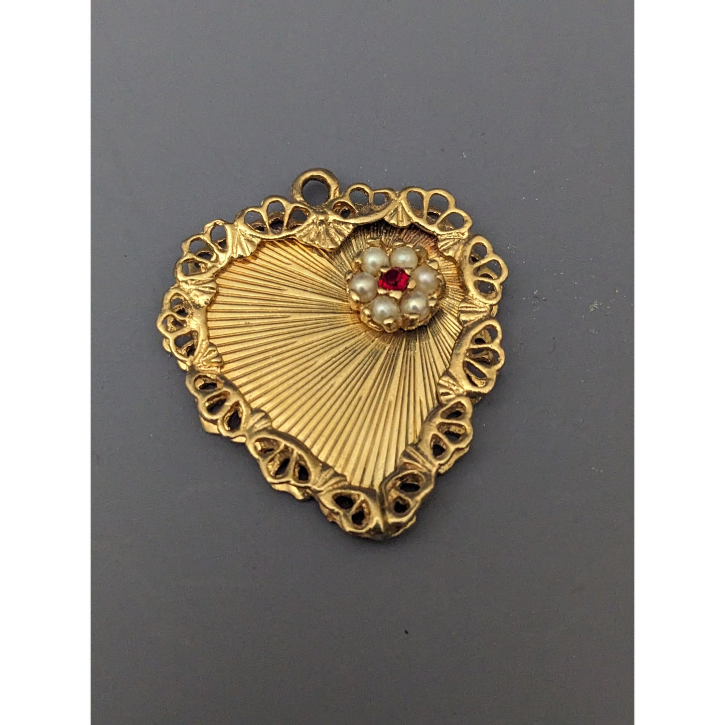 Vintage 14k Solid Yellow Gold with Pearls and Red Gem Flower Heart Pendant