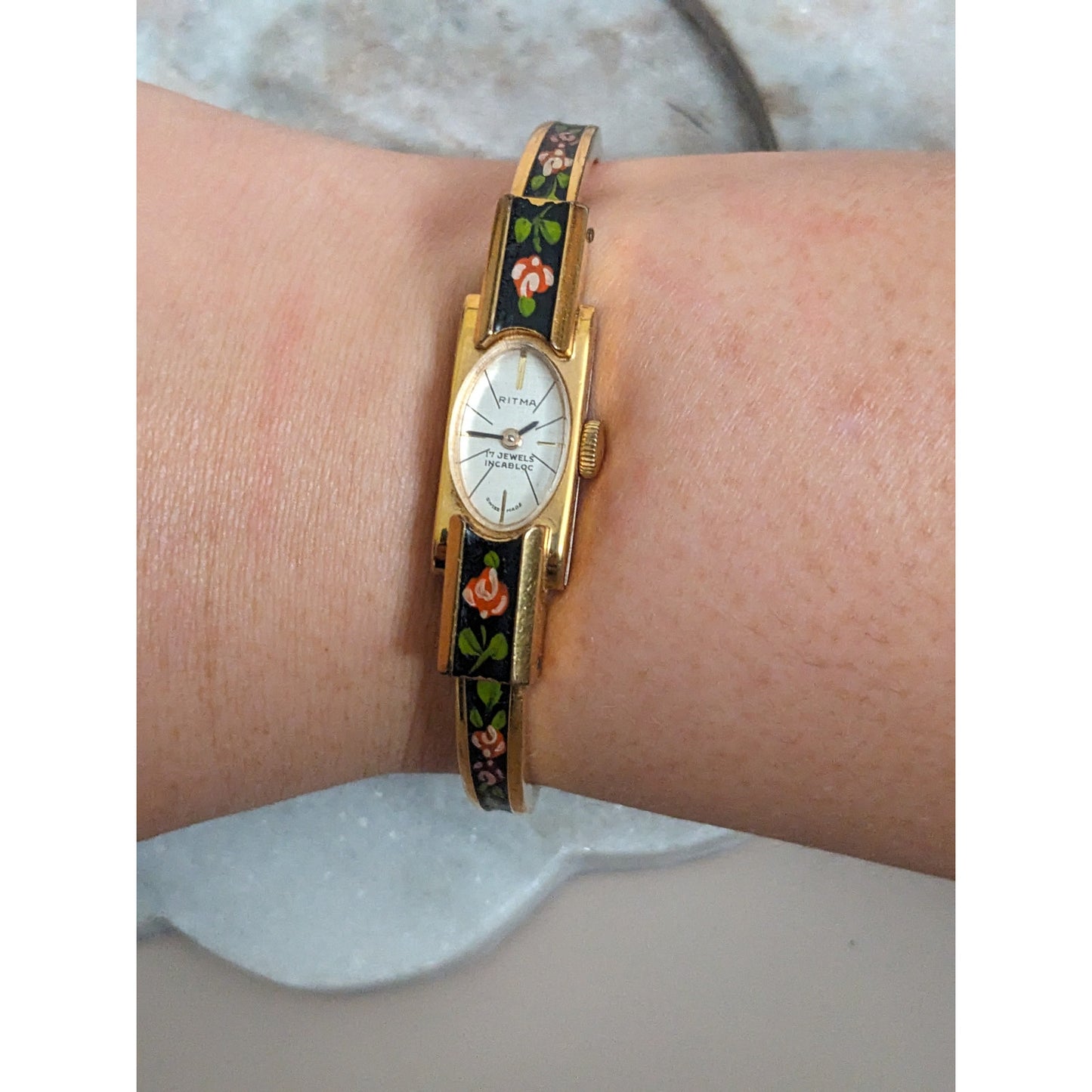 Vintage Andre Mouche Silver Tone Bangle Watch with Blue Floral Enamel Working