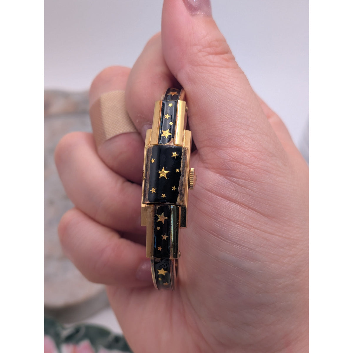 FLAW Vintage Bucherer Gold Peekaboo Watch Black Enamel Gold Stars POOR CONDITION