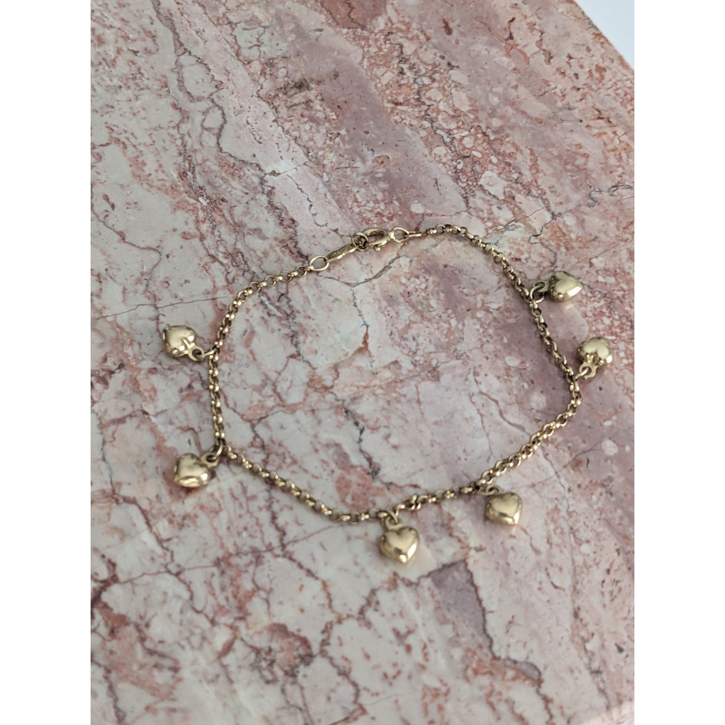 Vintage 14k Yellow Gold Dangle Heart Charm Bracelet 7.25in