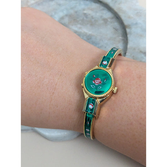 Vintage Andre Mouche Silver Tone Bangle Watch with Blue Floral Enamel Working