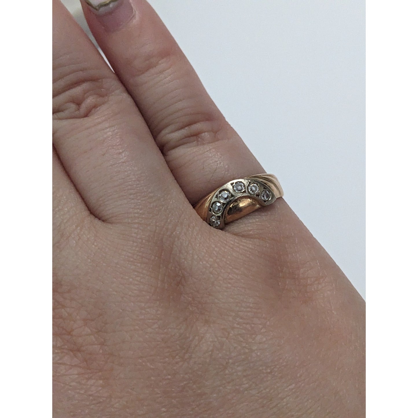 Vintage 1990s 14k Gold Half Circle White Stone Accents Ring Size 6.75