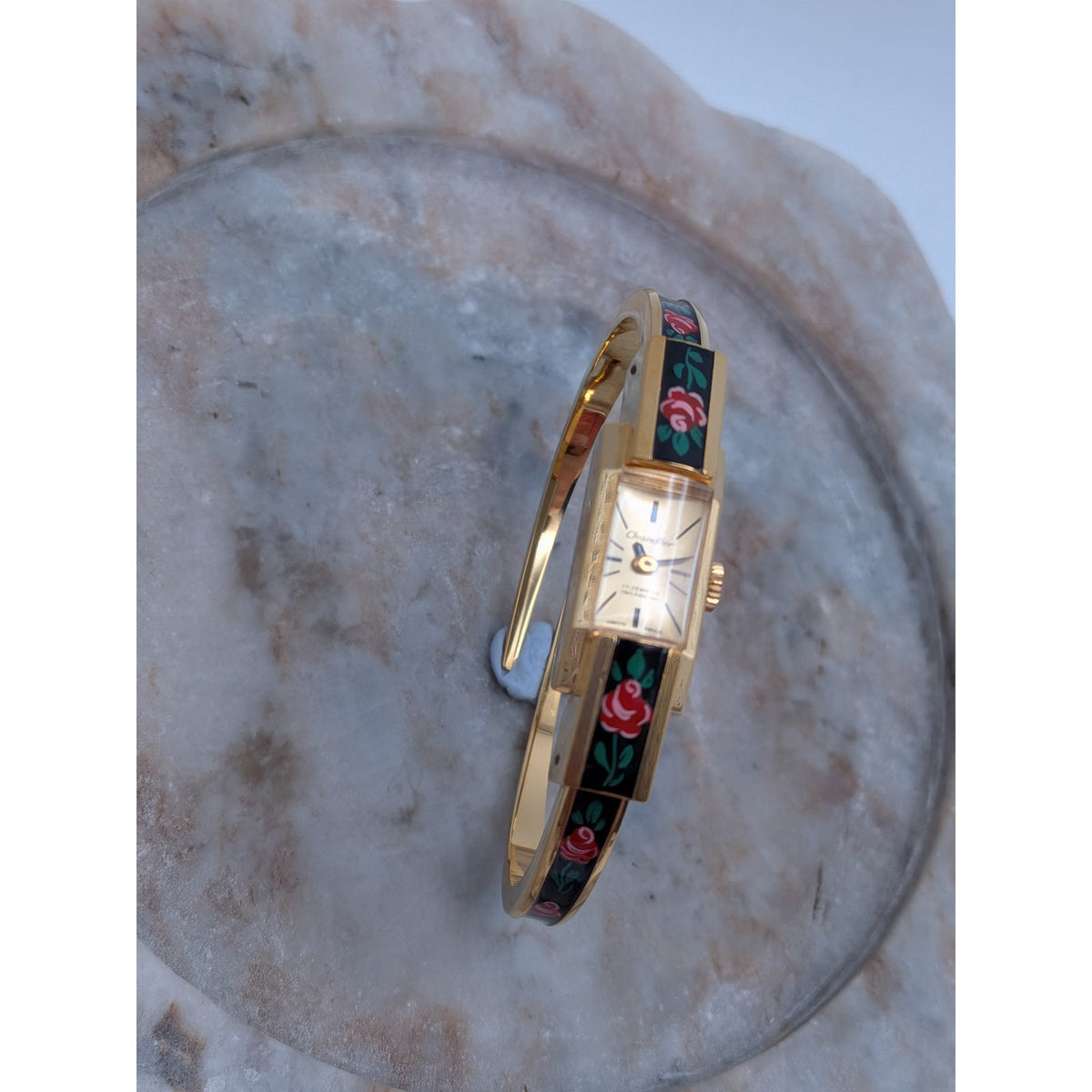 Vintage Chandler MANUAL Gold Tone Peekaboo Watch Black Enamel Red Flowers Dainty