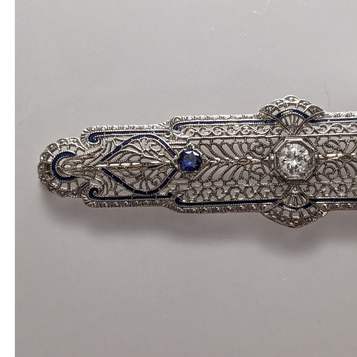 Vintage 14k White Gold Filigree Blue Enamel Diamond and Sapphire Accent Brooch