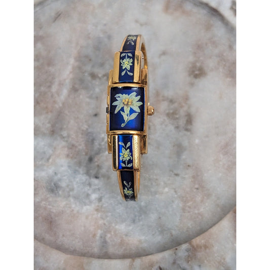 Vintage Andre Mouche Silver Tone Bangle Watch with Blue Floral Enamel Working