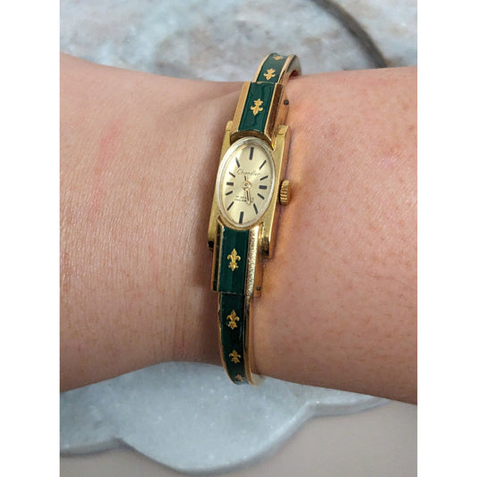 Vintage Andre Mouche Silver Tone Bangle Watch with Blue Floral Enamel Working