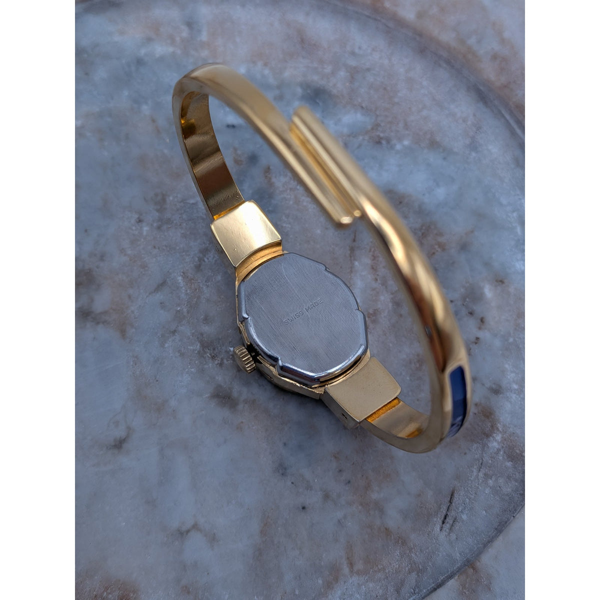 Vintage Andre Mouche Gold Tone Peekaboo Watch Dark Blue Enamel White Flowers
