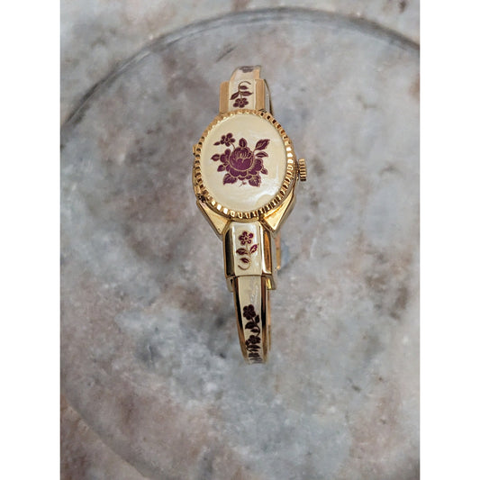 Vintage Andre Mouche Gold Tone Peekaboo Watch Creamy Enamel Red Flowers