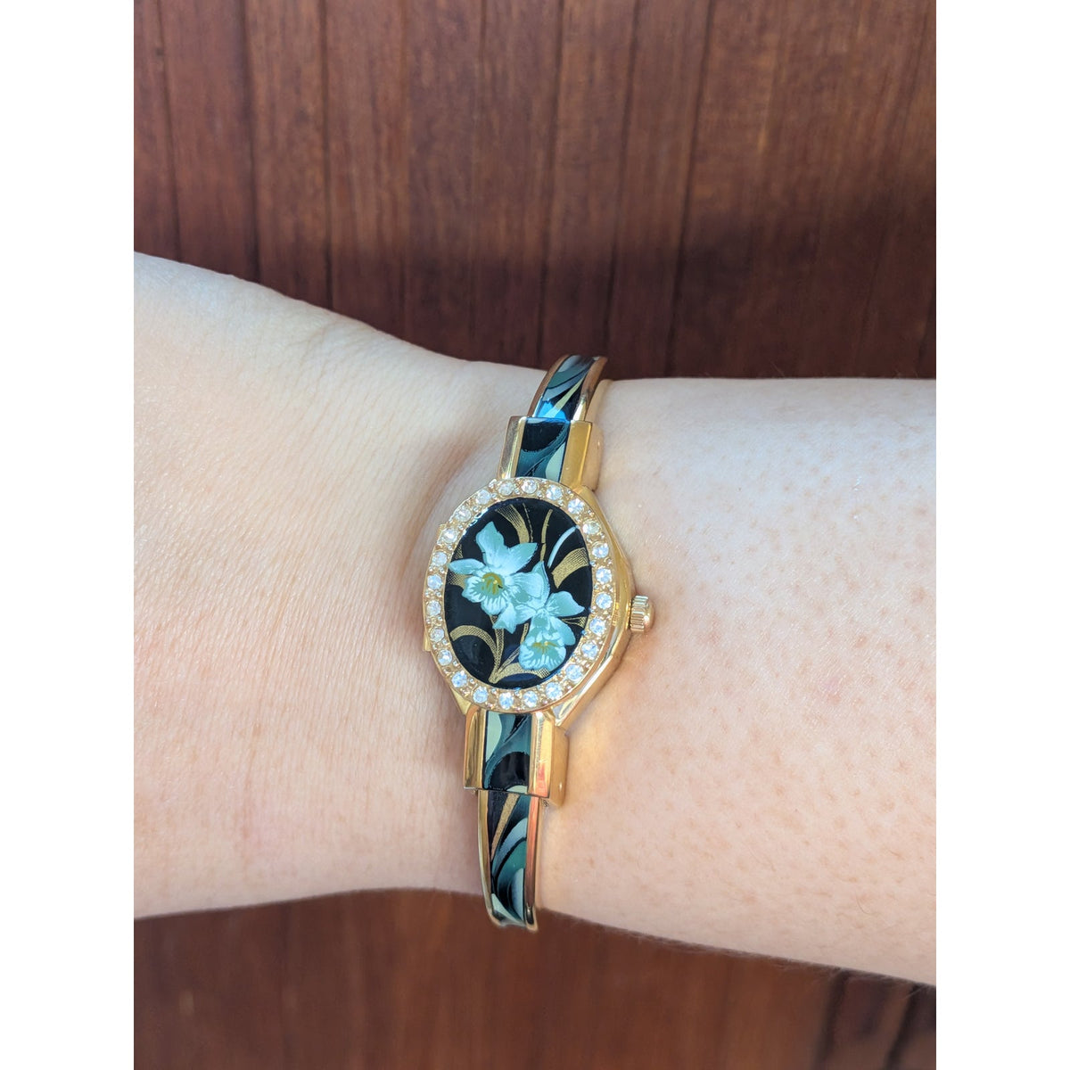 FLAW Vintage Andre Mouche Gold Tone Peekaboo Watch Green Orchid Theme