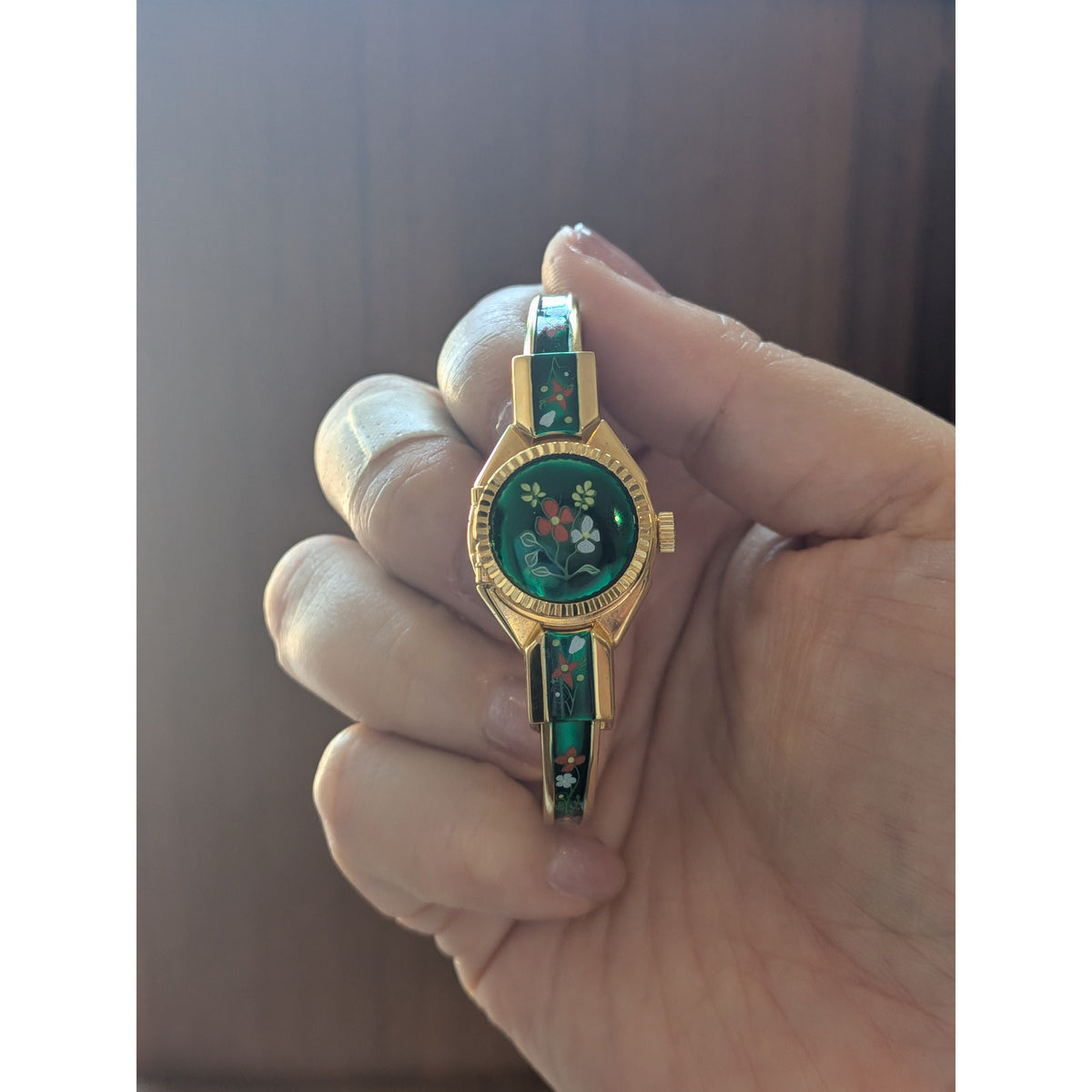 Vintage R Miller Gold Tone Peekaboo Watch Green Enamel Red and Blue Flowers