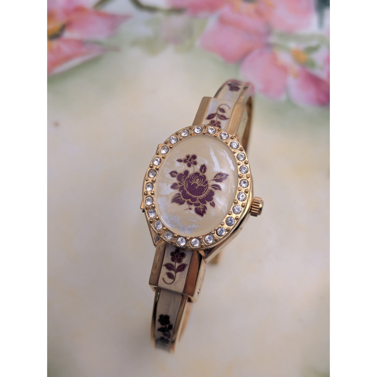 Vintage Andre Mouche Gold Tone Peekaboo Watch Cream Enamel Red Flowers & Stones