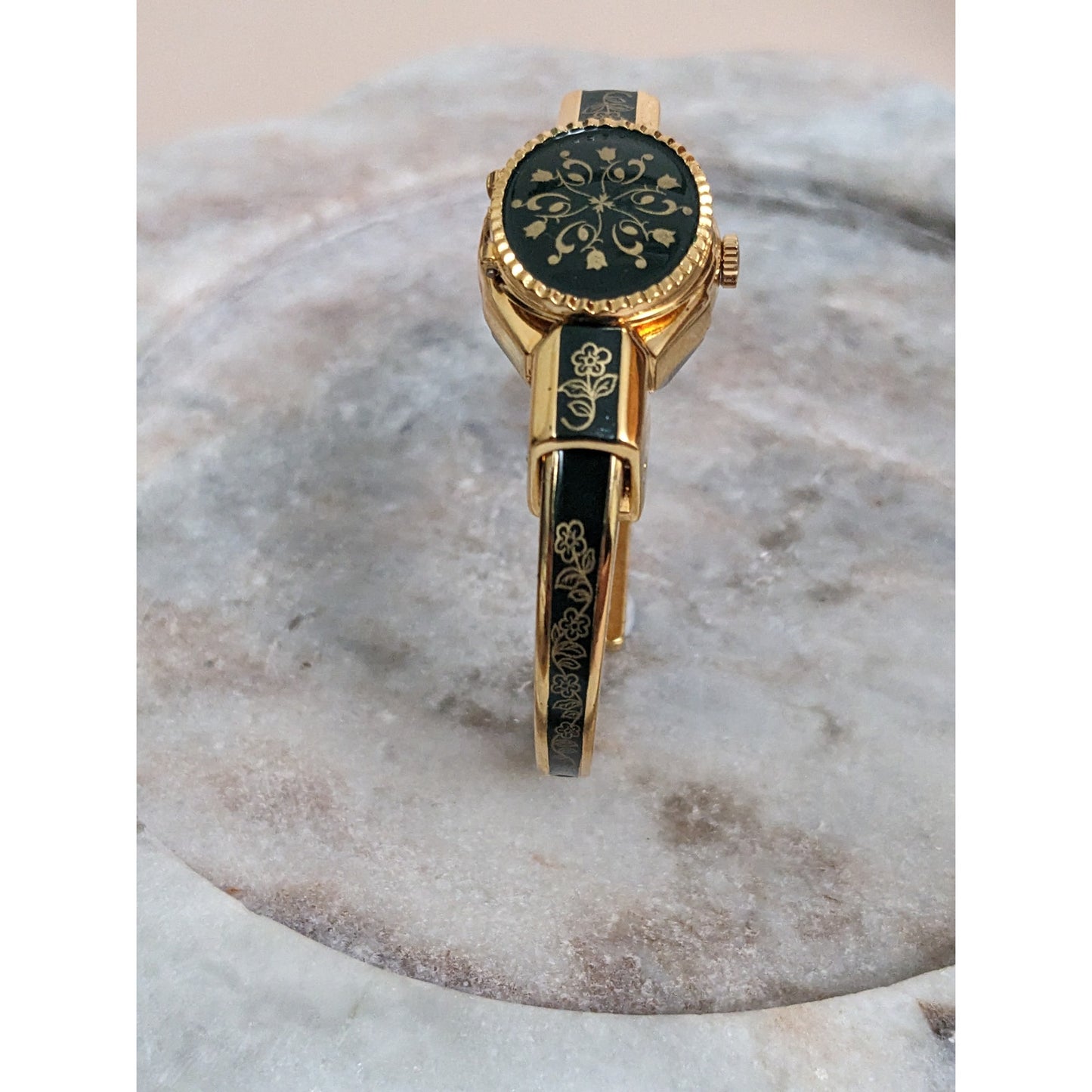 Vintage Andre Mouche Silver Tone Bangle Watch with Blue Floral Enamel Working