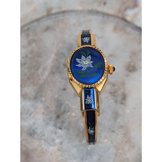 Vintage Andre Mouche Silver Tone Bangle Watch with Blue Floral Enamel Working