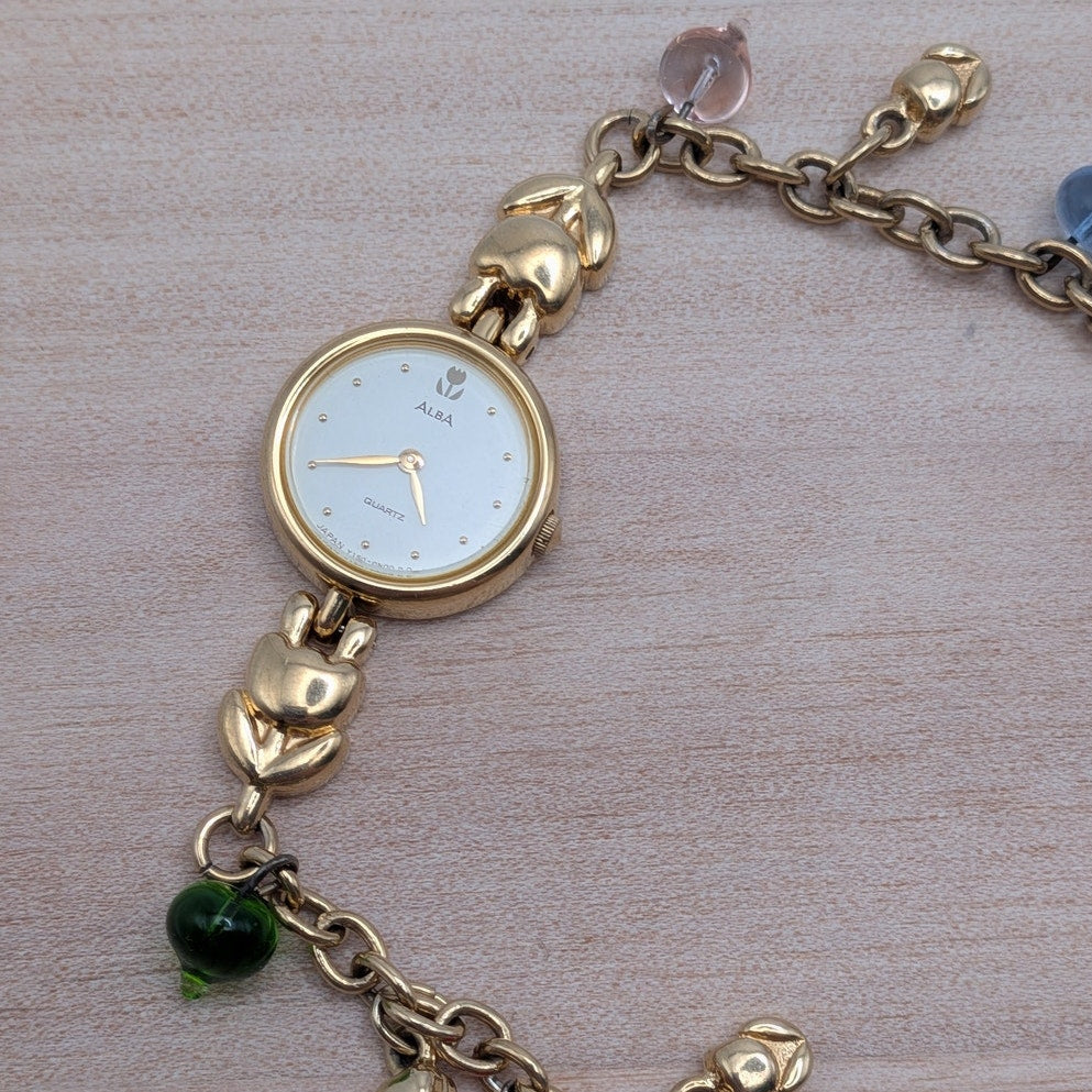 Vintage Modified Seiko Alba Gold Watch Flowers & Glass Drop Beads Charms