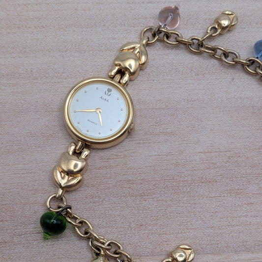 Vintage Modified Seiko Alba Gold Watch Flowers & Glass Drop Beads Charms