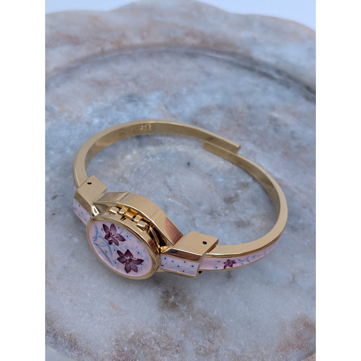 Preowned Andre Mouche Gold Tone Peekaboo Watch Pink Enamel Purple Flowers