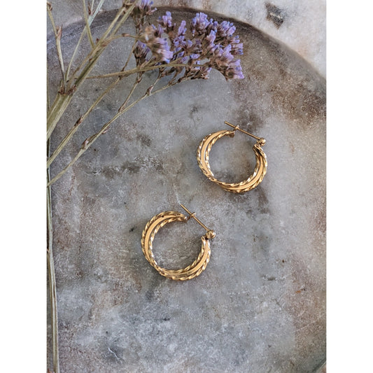 Estate 14k Yellow Gold 3 Layered Twist Wire Hoop Earrings