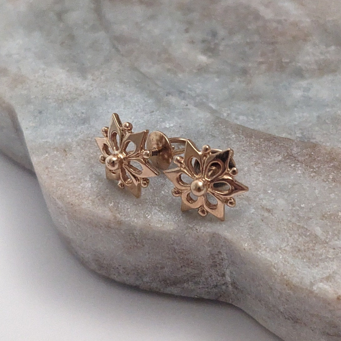 Vintage 14k Rose Gold Flower Shaped Stud Screw Back Earrings