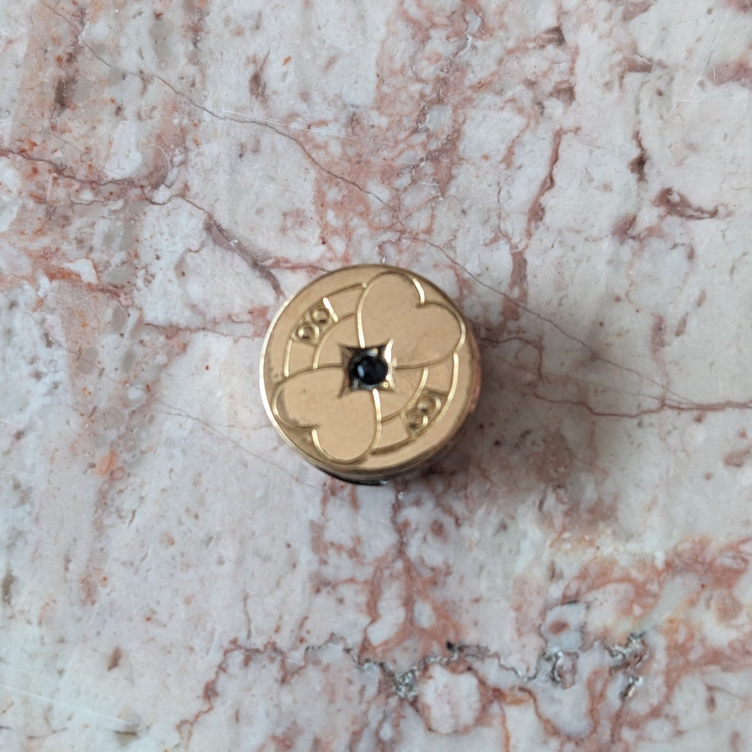 Vintage Gold Filled Round Slider Charm Black Stone Heart Engraved