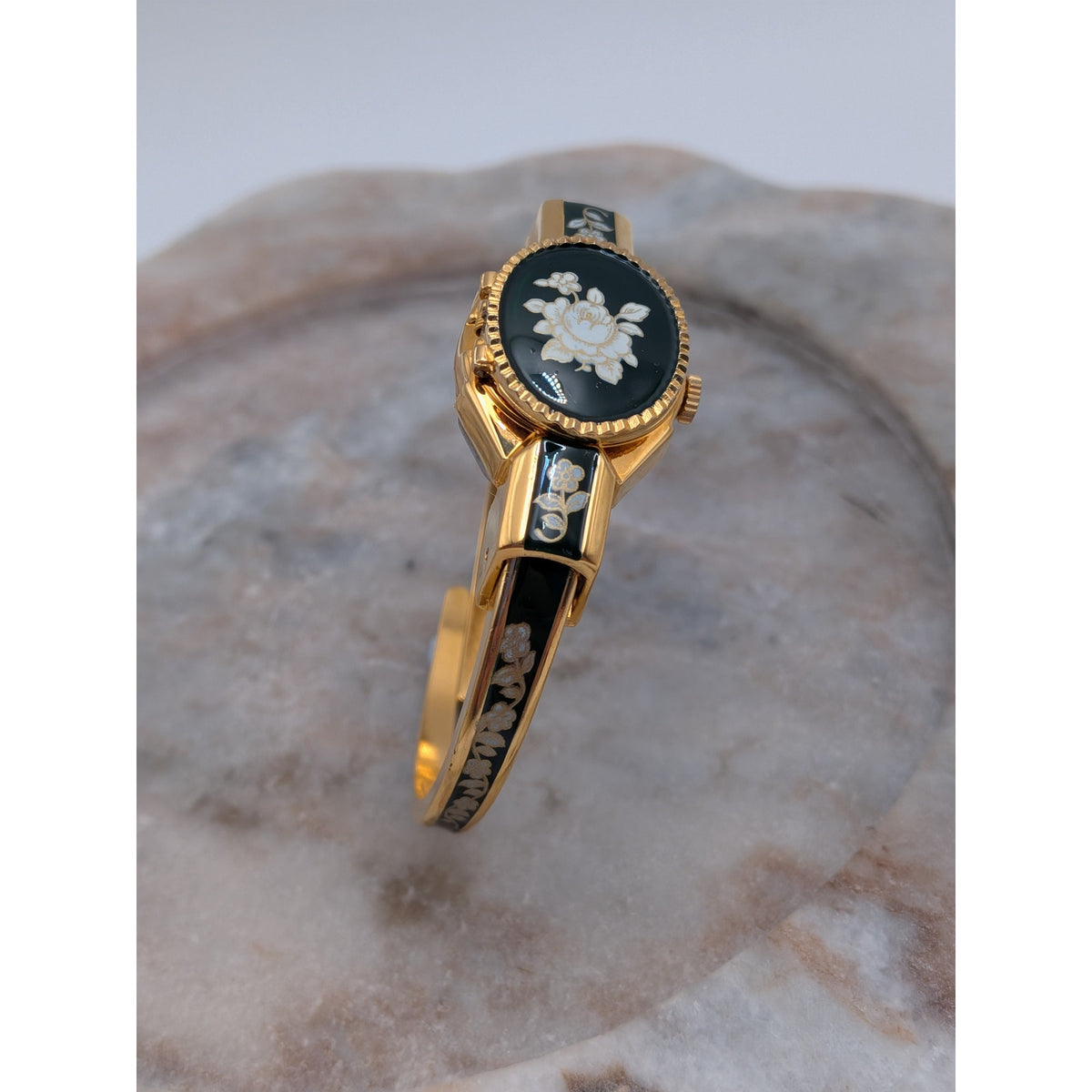 Vintage Andre Mouche Gold Tone Peekaboo Watch Dark Green Enamel White Flowers